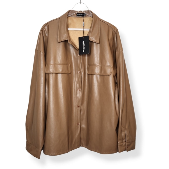 PrettyLittleThing NWT PU Brown Oversized Shirt Jacket Plus Size 1X Fall Casual - Picture 2 of 8